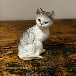 Ceramic White and Gray Cat Figurine for Cat Lovers
